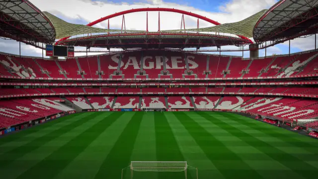 Interior do Estádio da Luz, em Lisboa, com as bancadas vermelhas vazias e o relvado listrado em primeiro plano